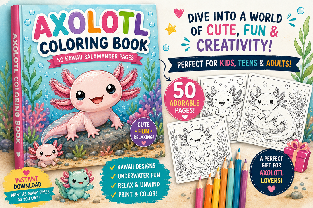 Axolotl Coloring Book: 50 Kawaii Printable Pages for Creative Summer Fun
