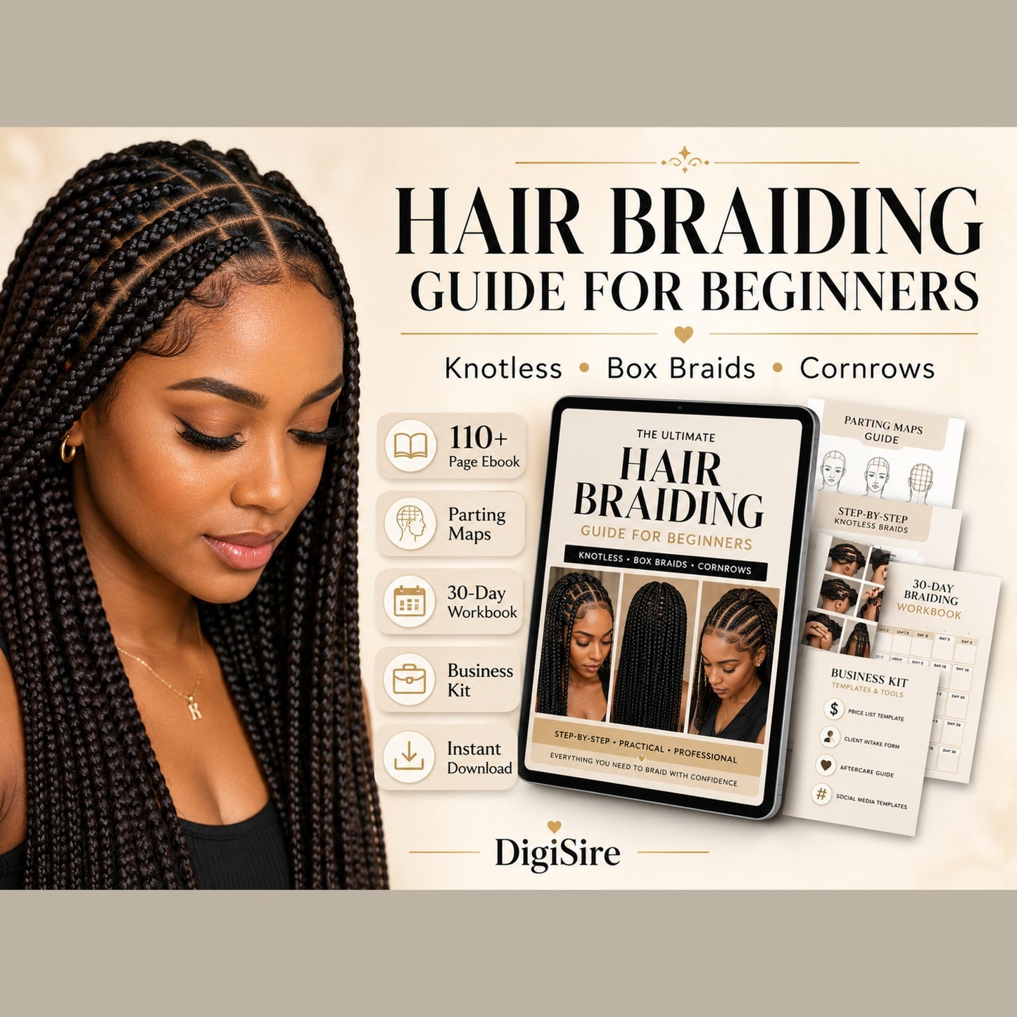Hair Braiding Guide for Beginners | Knotless Box Braids and Cornrows Ebook | Parting Maps, Workbook & Braider Business Kit