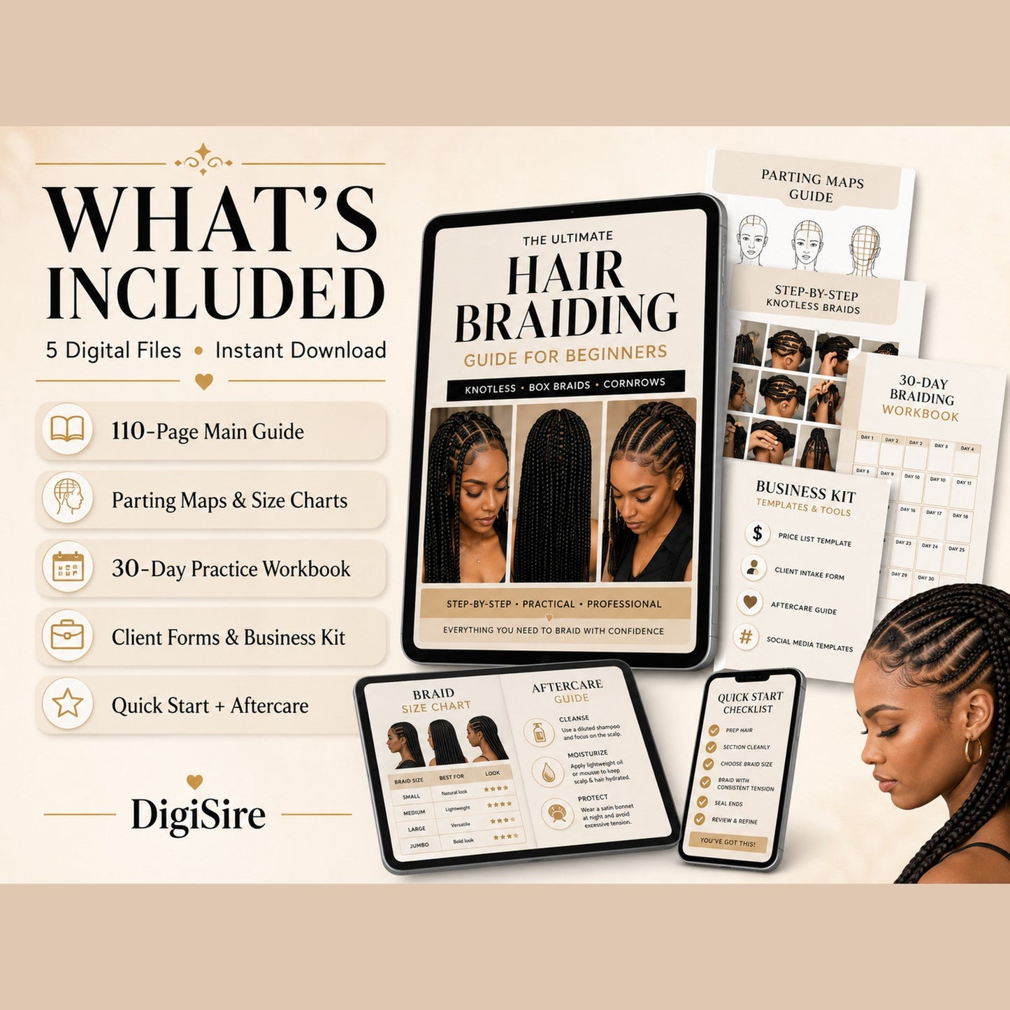 Hair Braiding Guide for Beginners | Knotless Box Braids and Cornrows Ebook | Parting Maps, Workbook & Braider Business Kit