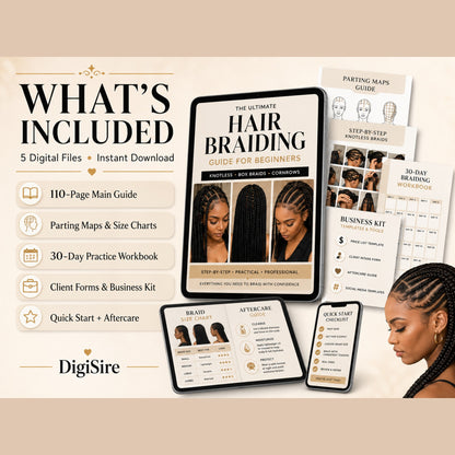 Hair Braiding Guide for Beginners | Knotless Box Braids and Cornrows Ebook | Parting Maps, Workbook & Braider Business Kit