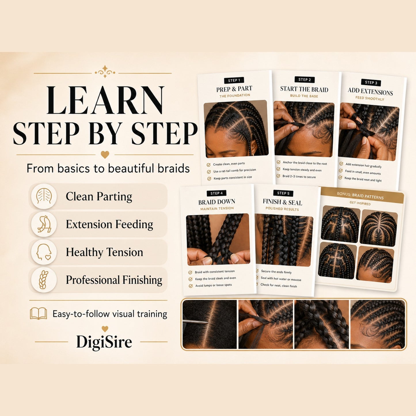 Hair Braiding Guide for Beginners | Knotless Box Braids and Cornrows Ebook | Parting Maps, Workbook & Braider Business Kit