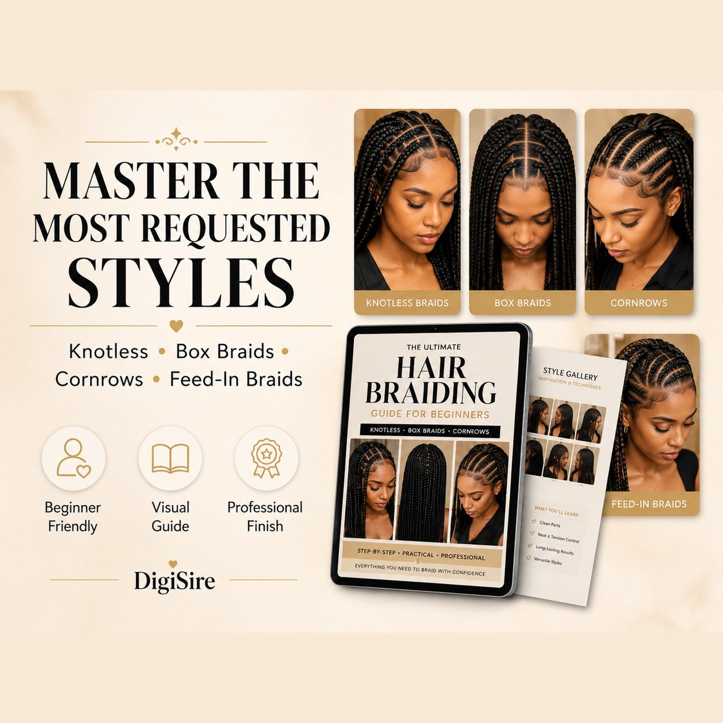 Hair Braiding Guide for Beginners | Knotless Box Braids and Cornrows Ebook | Parting Maps, Workbook & Braider Business Kit
