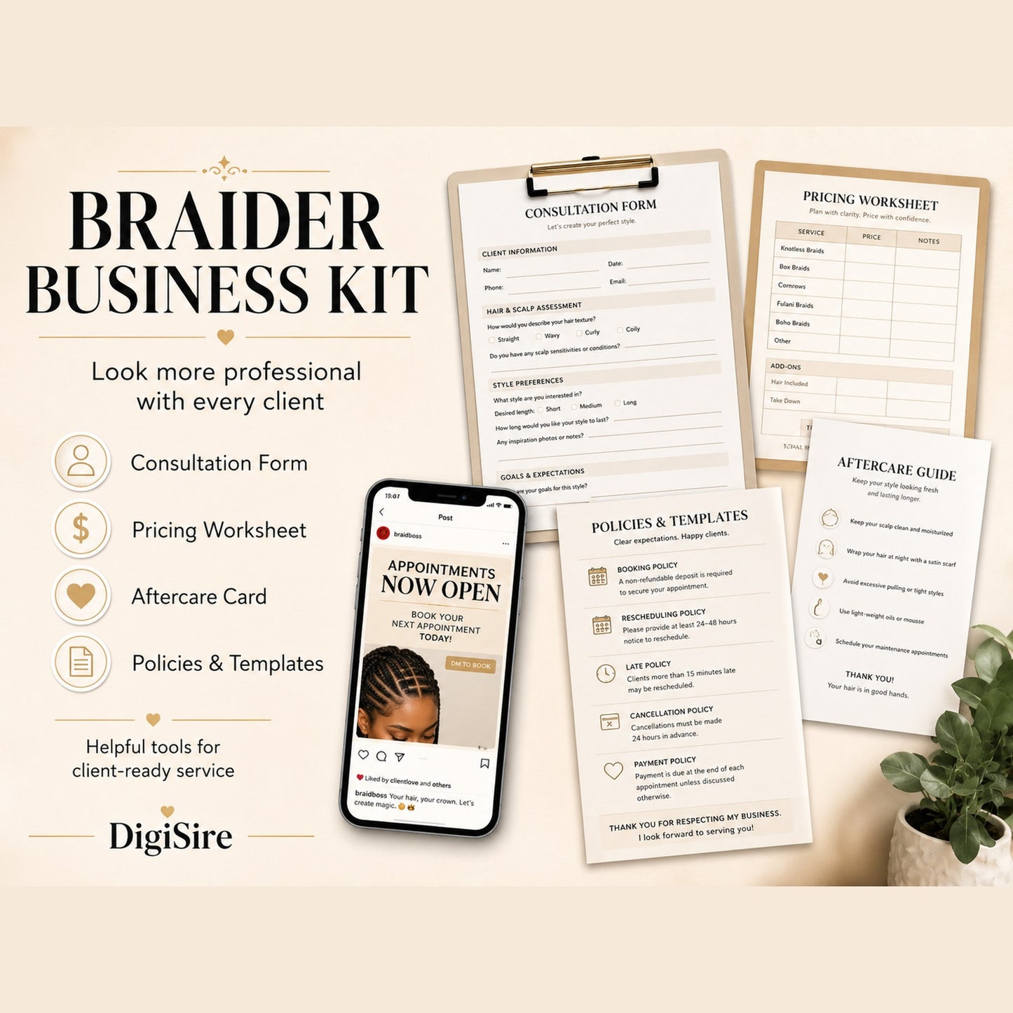 Hair Braiding Guide for Beginners | Knotless Box Braids and Cornrows Ebook | Parting Maps, Workbook & Braider Business Kit