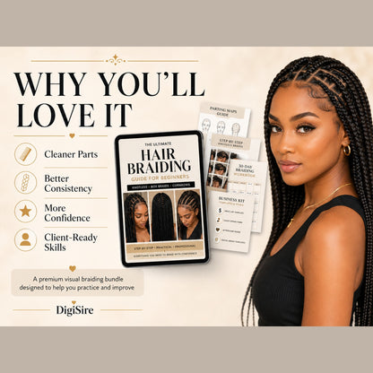 Hair Braiding Guide for Beginners | Knotless Box Braids and Cornrows Ebook | Parting Maps, Workbook & Braider Business Kit