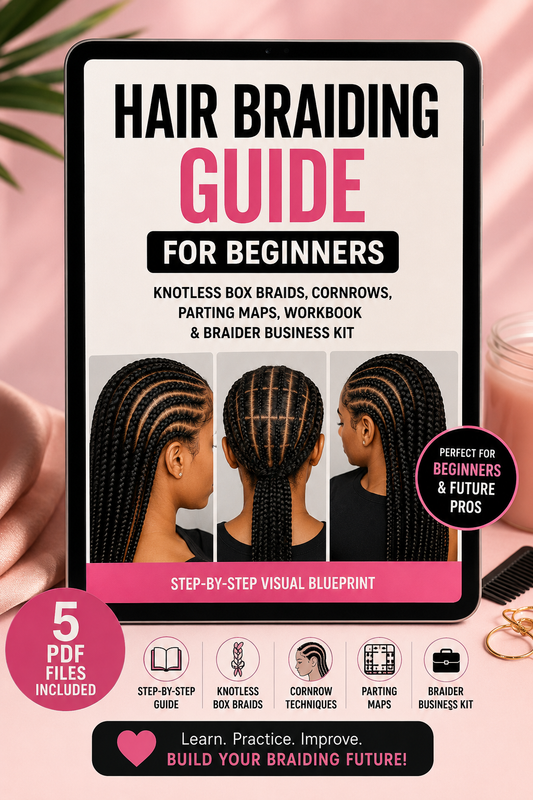 Hair Braiding Guide for Beginners | Knotless Box Braids and Cornrows Ebook | Parting Maps, Workbook & Braider Business Kit