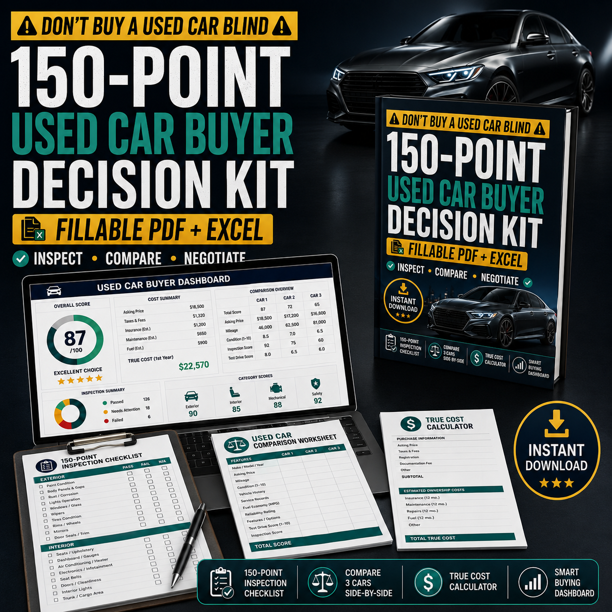Used Car Inspection Checklist, 150 Point Vehicle Buyer Guide, Fillable PDF, Car Comparison and True Cost Spreadsheet