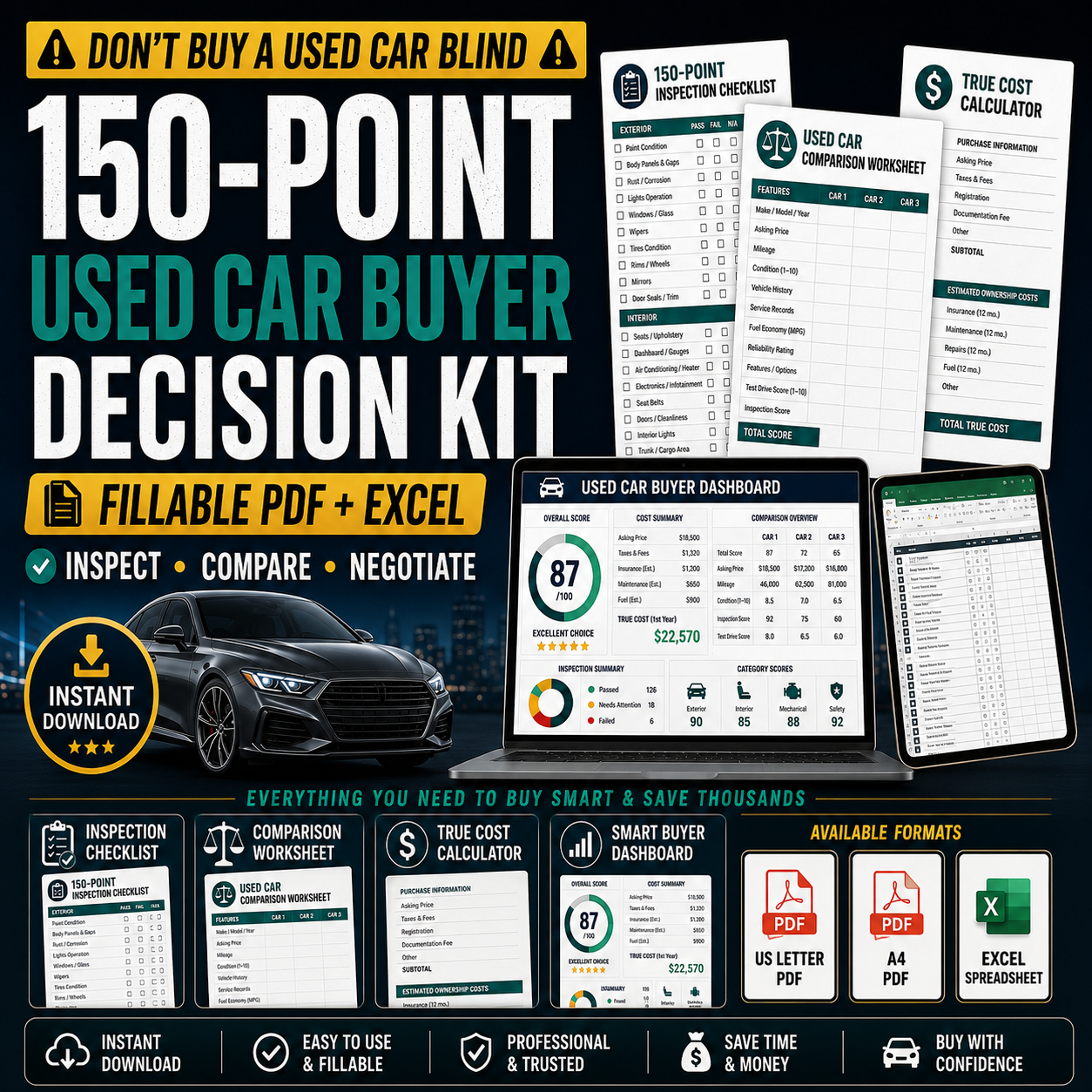 Used Car Inspection Checklist, 150 Point Vehicle Buyer Guide, Fillable PDF, Car Comparison and True Cost Spreadsheet