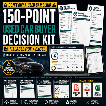 Used Car Inspection Checklist, 150 Point Vehicle Buyer Guide, Fillable PDF, Car Comparison and True Cost Spreadsheet