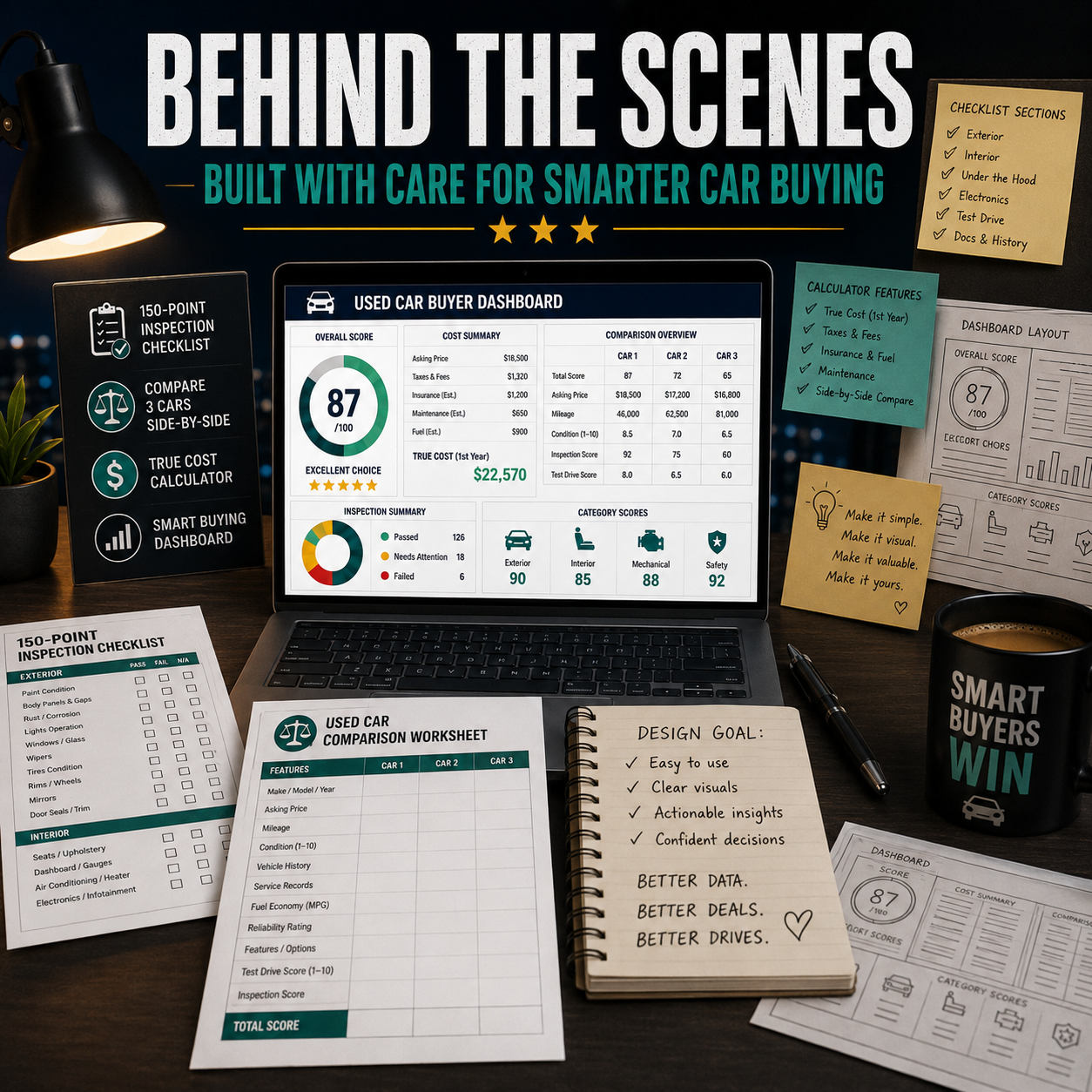 Used Car Inspection Checklist, 150 Point Vehicle Buyer Guide, Fillable PDF, Car Comparison and True Cost Spreadsheet