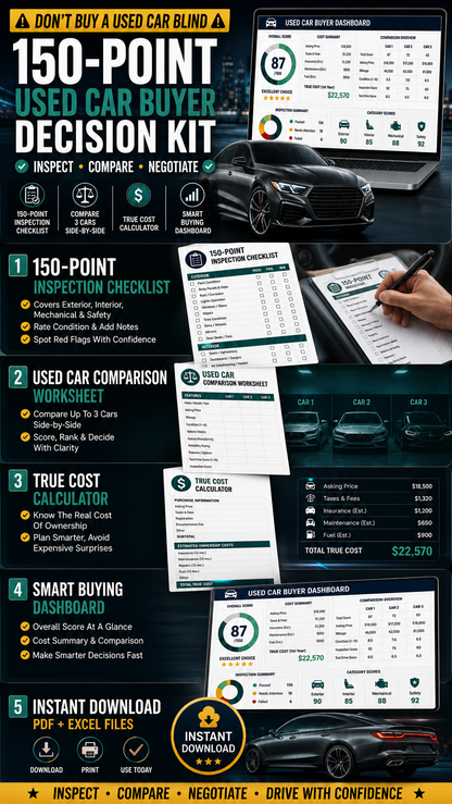 Used Car Inspection Checklist, 150 Point Vehicle Buyer Guide, Fillable PDF, Car Comparison and True Cost Spreadsheet