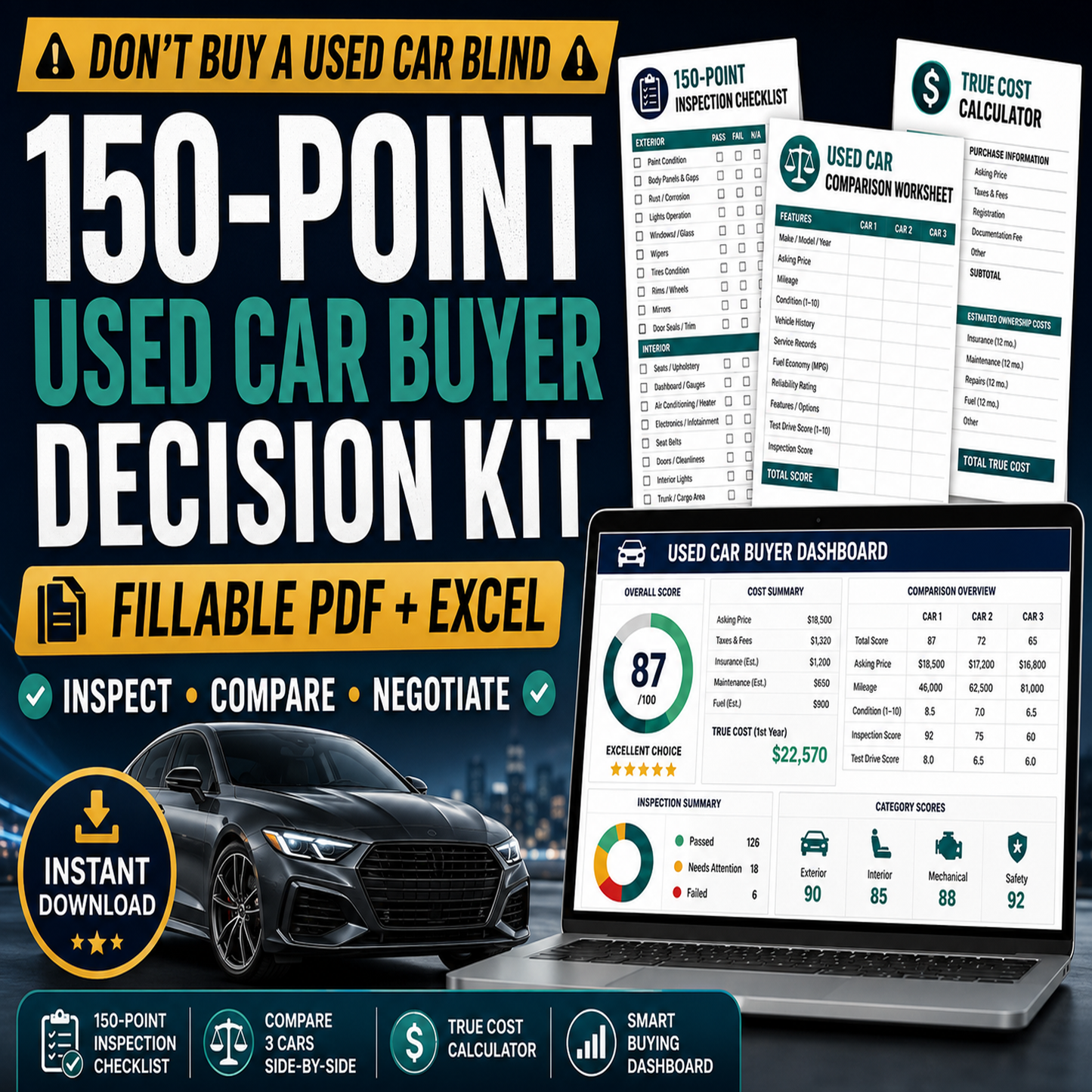 Used Car Inspection Checklist, 150 Point Vehicle Buyer Guide, Fillable PDF, Car Comparison and True Cost Spreadsheet