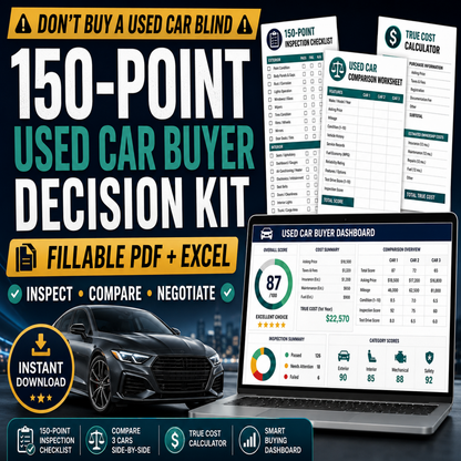 Used Car Inspection Checklist, 150 Point Vehicle Buyer Guide, Fillable PDF, Car Comparison and True Cost Spreadsheet