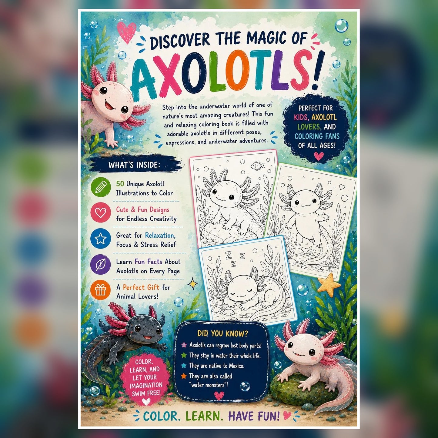 Axolotl Coloring Book, 50 Kawaii Salamander Pages, Summer Fun Activity