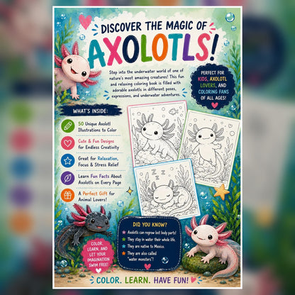 Axolotl Coloring Book, 50 Kawaii Salamander Pages, Summer Fun Activity