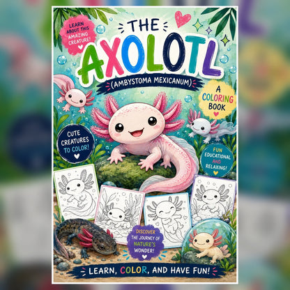Axolotl Coloring Book, 50 Kawaii Salamander Pages, Summer Fun Activity