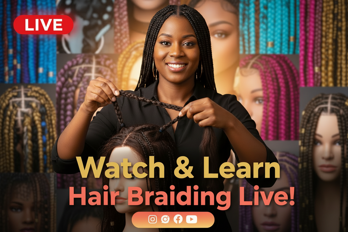 Promotional graphic for a live hair braiding class, featuring a smiling woman with long black braids holding a braided section of hair in front of a collage of other braids and braided hairstyles. Large text reads 'Watch & Learn Hair Braiding Live!' with social media icons below.