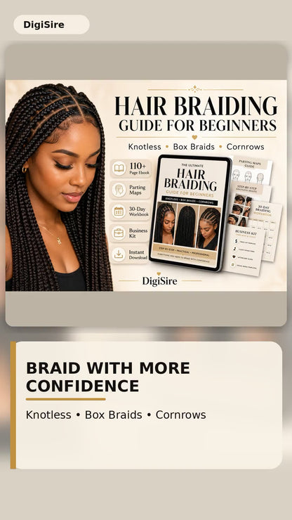 Hair Braiding Guide for Beginners | Knotless Box Braids and Cornrows Ebook | Parting Maps, Workbook & Braider Business Kit