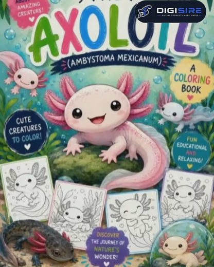 Axolotl Coloring Book, 50 Kawaii Salamander Pages, Summer Fun Activity
